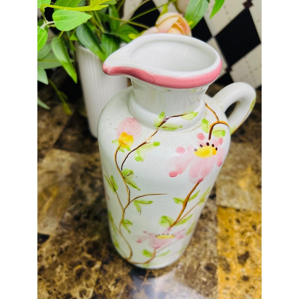 Hand Painted Floral Ceramic Pitcher Signed Martan Robalo 11" Pitcher Bud Vase - Picture 6 of 9